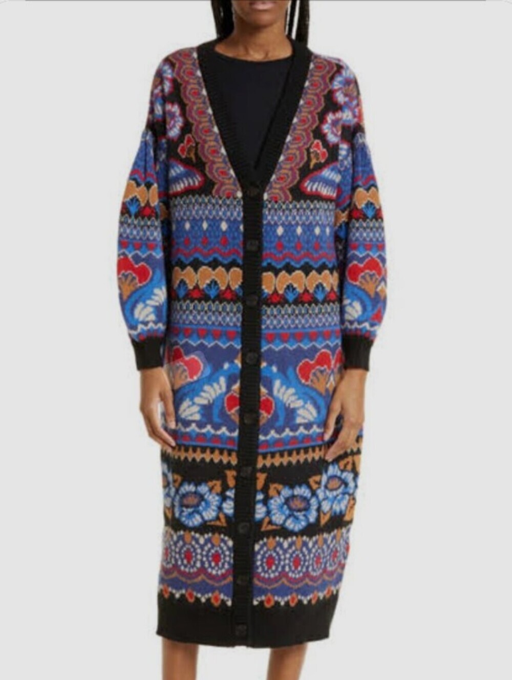 FARM Rio Ainika Cardigan Sweater Chunky Jacquard Long Small Black Blue Belt